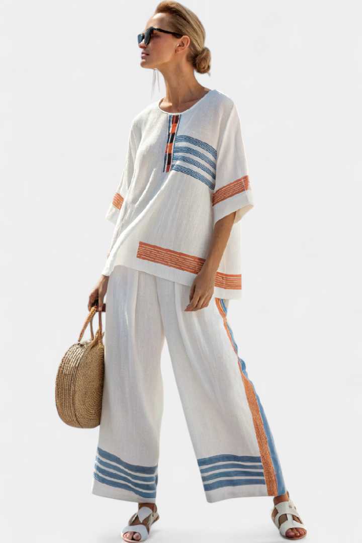 Sophisticated Blue-Orange Striped Top & Pants