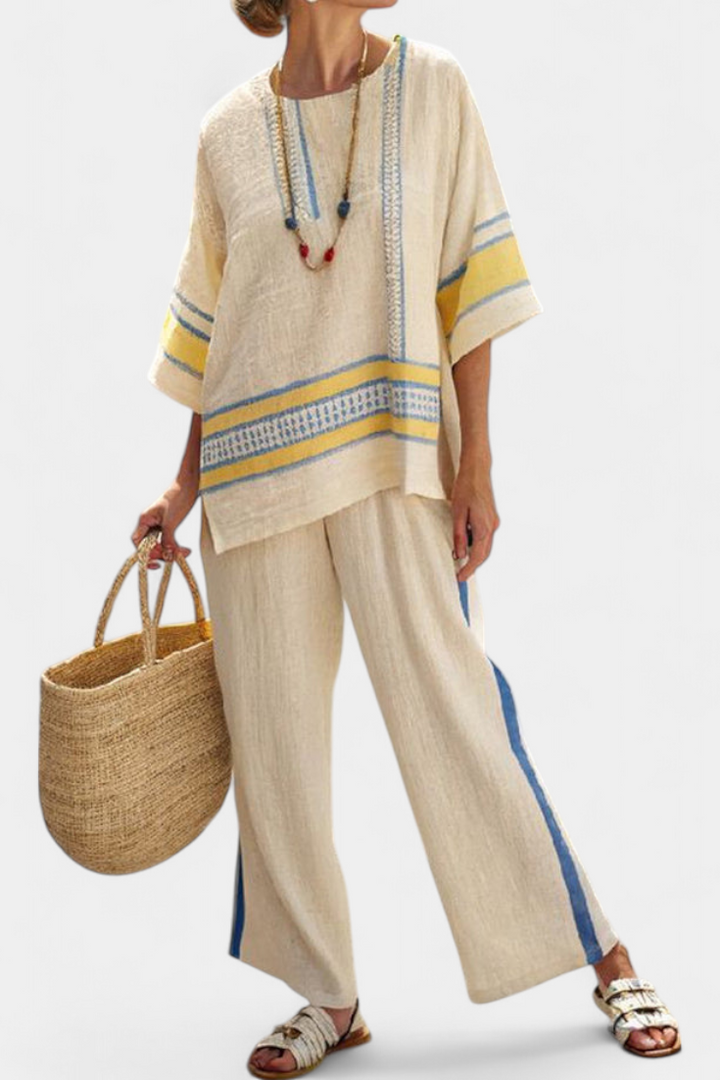 Comfortable Blue-Yellow Mediterranean Top & Linen Pants