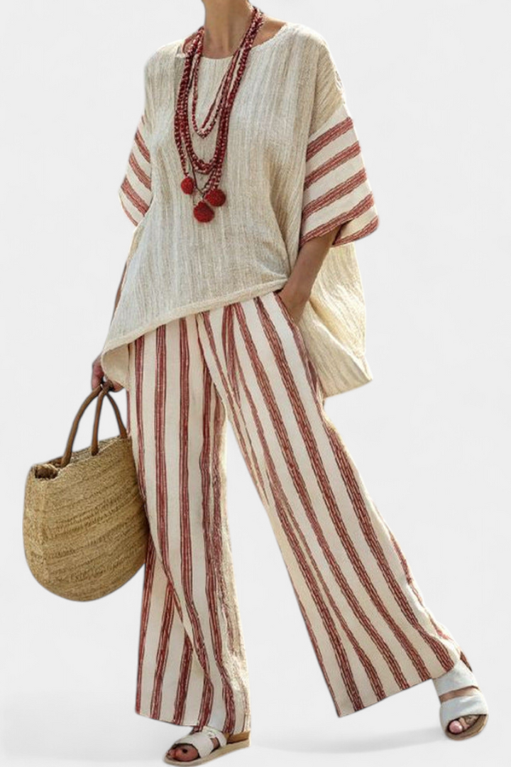 Elegant Rustic Striped Top & Cream Linen Pants