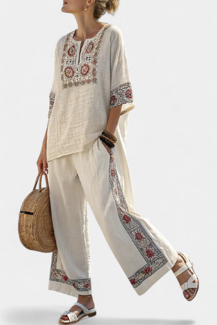 Sophisticated Embroidered Raw Blouse & Wide Pants
