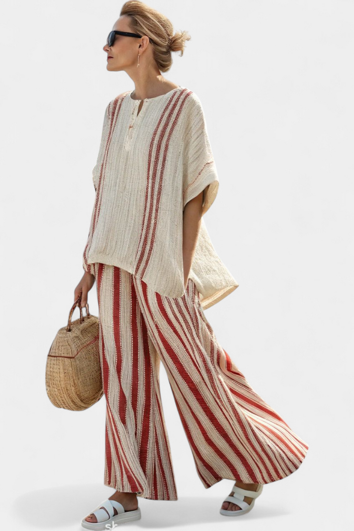 Sophisticated Textured Red-Stripe Top & Linen Pants
