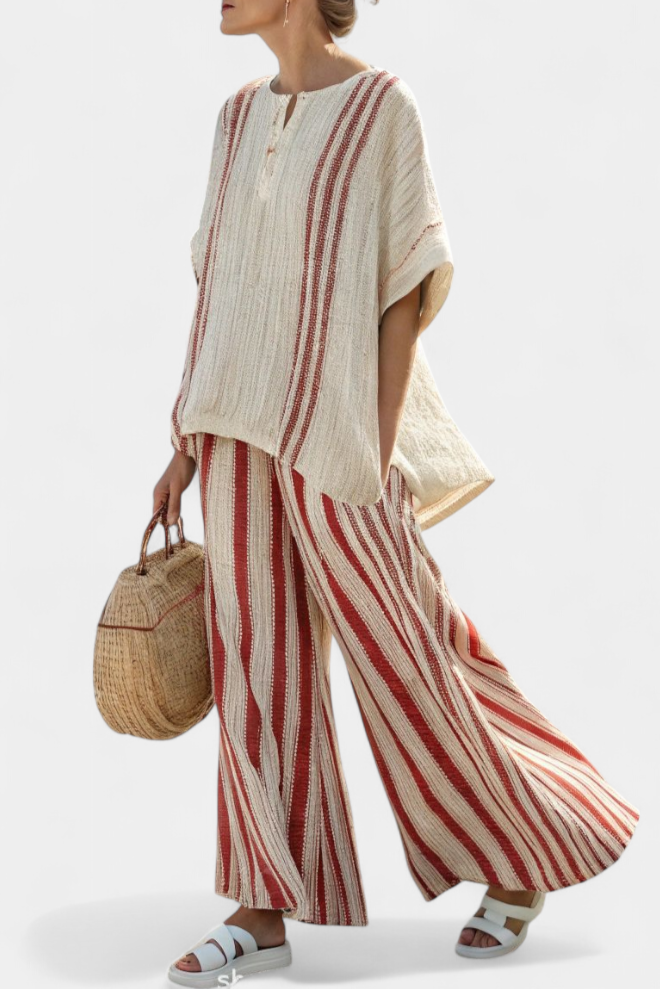 Sophisticated Textured Red-Stripe Top & Linen Pants