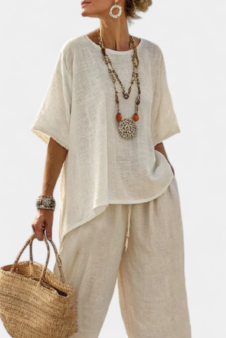 Comfortable Minimalist Raw Blouse & Wide-Leg Pants